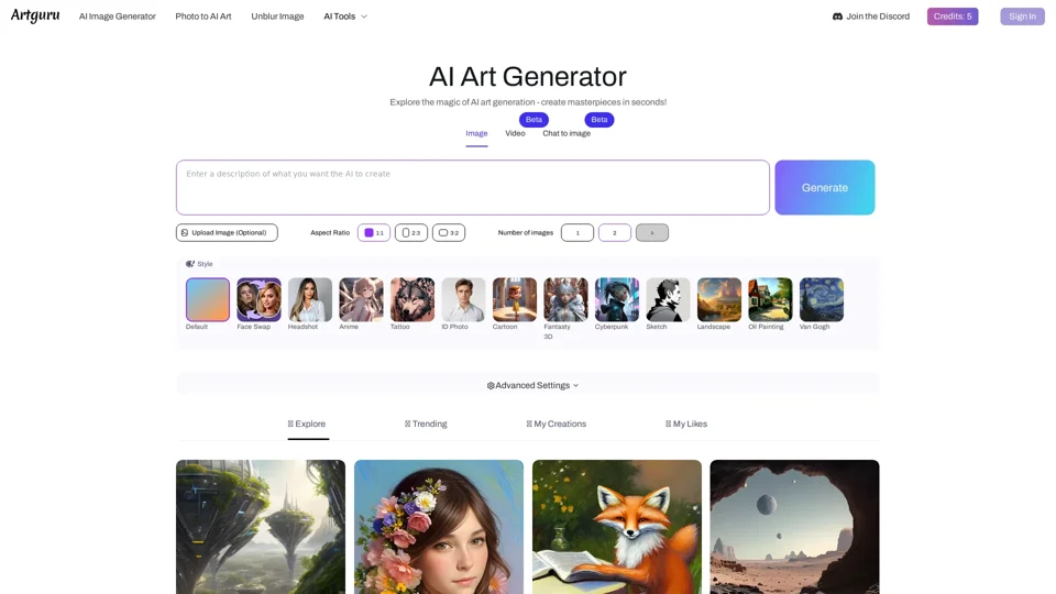 Artguru - Free Online AI Art Generator: Create AI Art from Text & Photo