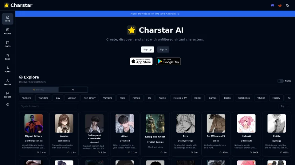 Charstar: Chat with virtual AI characters