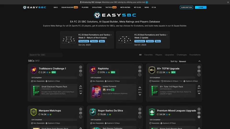 EA FC 25 SBC Solutions, AI Squad Builder, Meta Ratings and Players Database - EasySBC