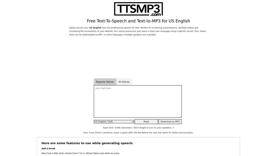 Free Text-To-Speech for 28+ languages & MP3 Download | ttsMP3.com