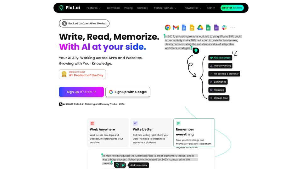 Flot AI: Write, Read, Memorize with Al at your side.