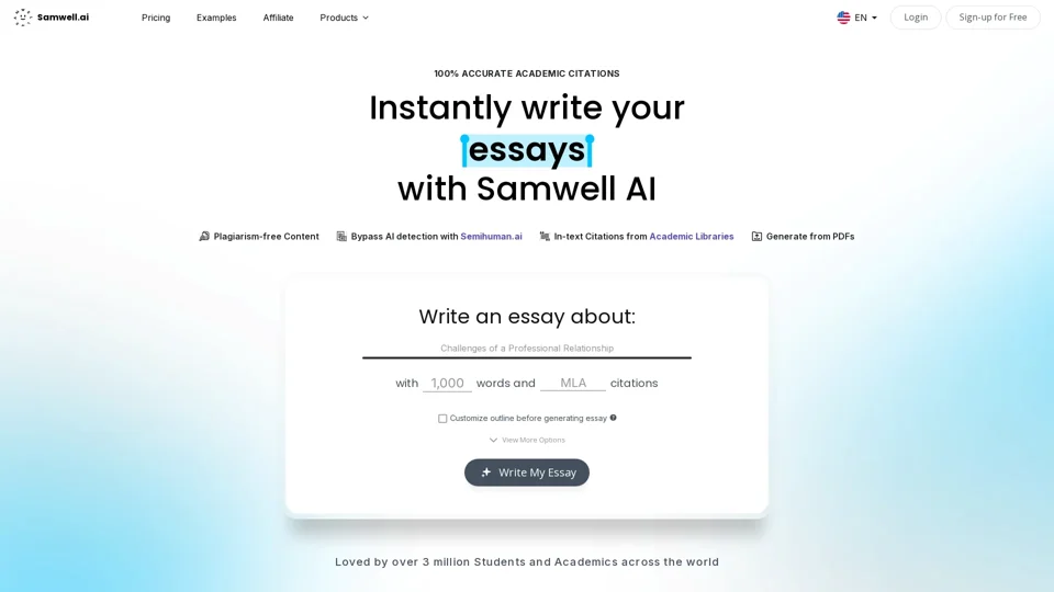 Samwell - AI Essay Writer by SamWell is a free essay generator that helps you write all types of academic essays in seconds without any plagiarism issues.