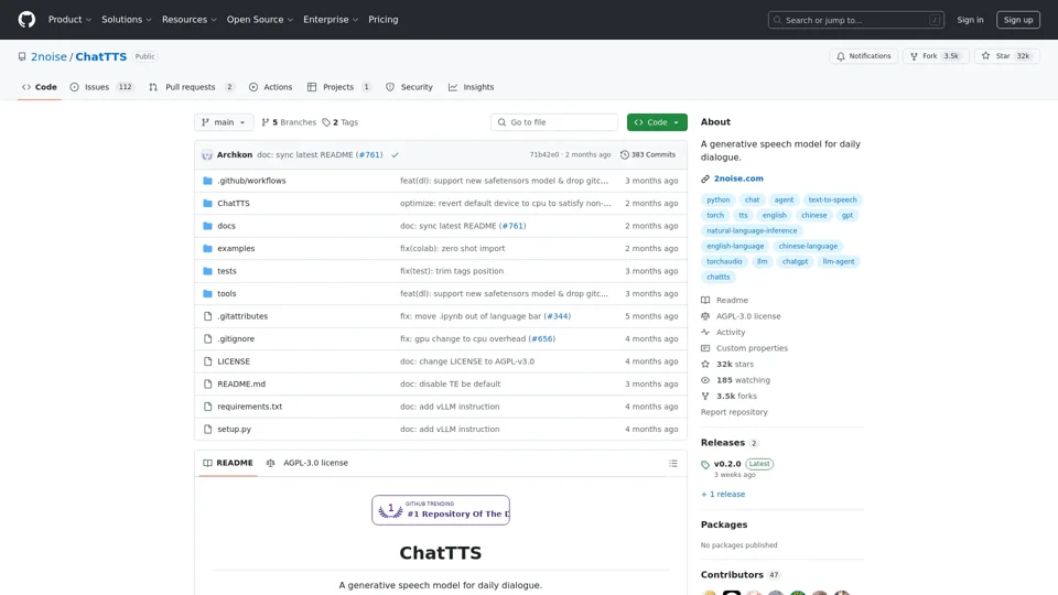 GitHub - 2noise/ChatTTS: A generative speech model for daily dialogue.