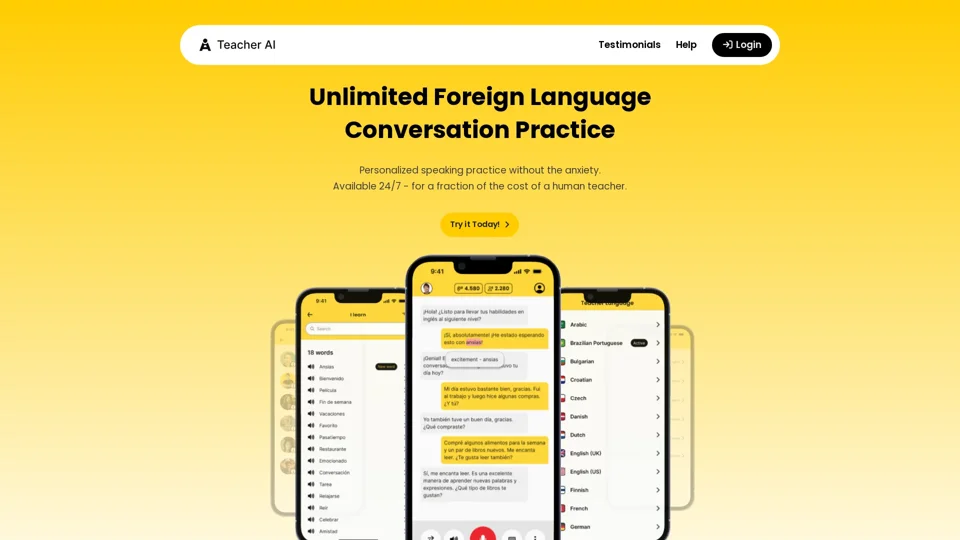 Home Page - Teacher AI - Unlimited Foreign Language Conversation Practice