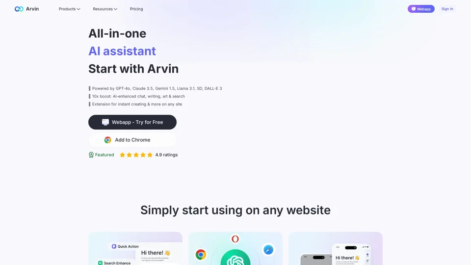Arvin AI - Best ChatGPT Chrome Extension Powered by GPT-4o