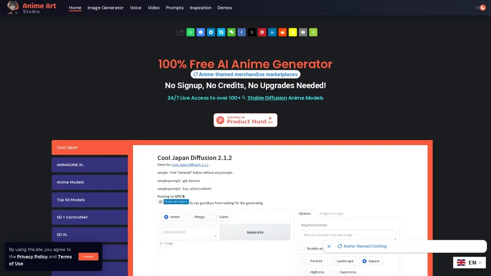 100% Free AI Anime Generator | No Signup, No Credits, No Upgrades Needed! | 24/7 Live Access to over 100+ Stable Diffusion Anime Models - Anime Art Studio