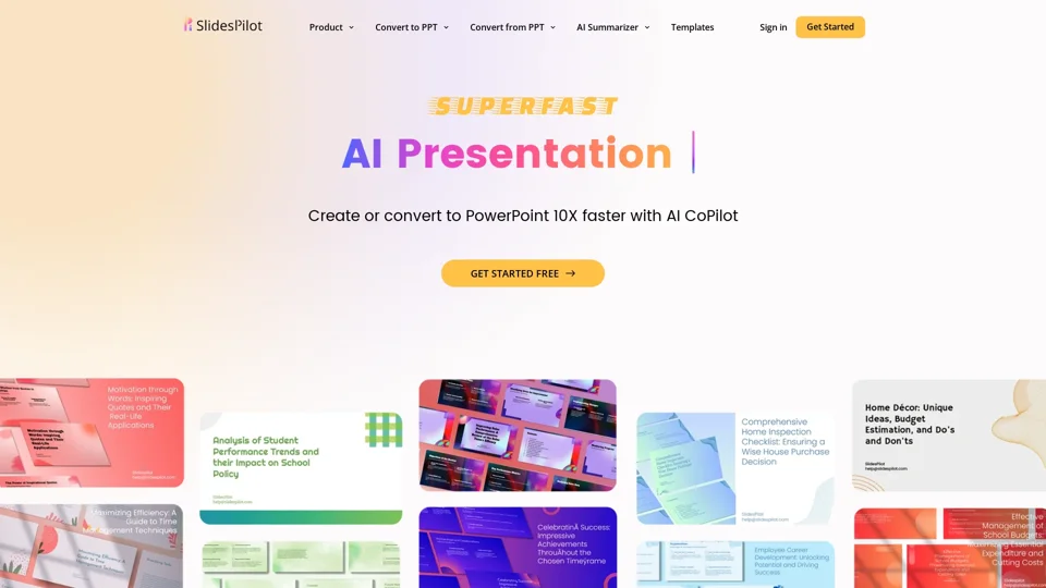 AI Presentation Generator - PPT Maker, AI Image & Copilot, PDF & Word to PPT, Free PowerPoint & Google Slides Templates | SlidesPilot