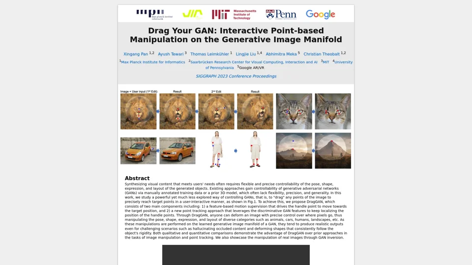 Drag Your GAN: Interactive Point-based Manipulation on the Generative Image Manifold