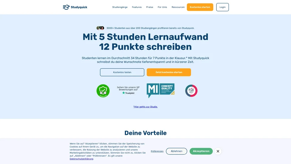 Studyquick - Mit 5 Stunden Lernaufwand 12 Punkte in der Klausur schreiben