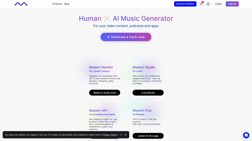 Mubert - Thousands of Staff-Picked Royalty-Free Music Tracks for Streaming, Videos, Podcasts, Commercial Use and Online Content