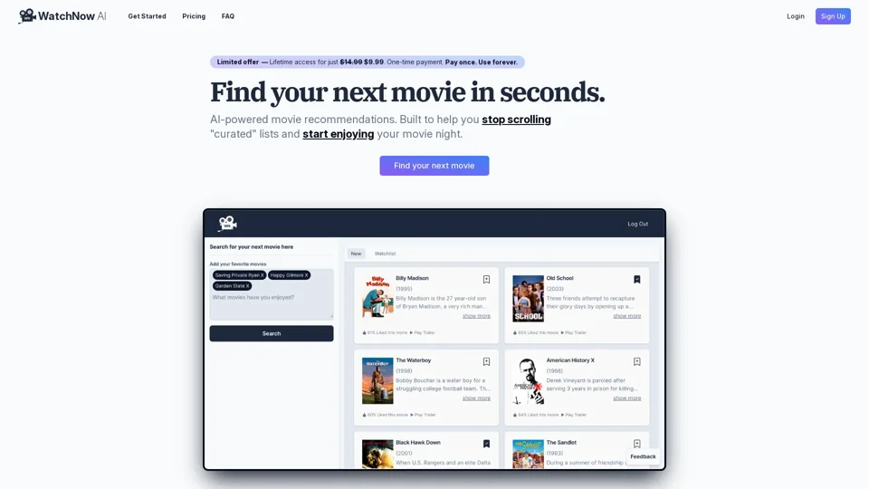 Movie recommendations powered by AI - WatchNow AI