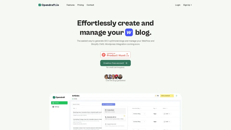 Opendraft: Write SEO Optimized Blogs for Webflow and Shopify