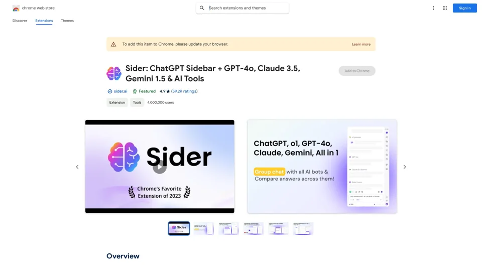 Sider: ChatGPT Sidebar + GPT-4o, Claude 3.5, Gemini 1.5 & AI Tools - Chrome Web Store
