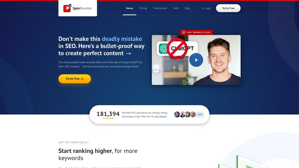 Spin Rewriter AI - Article Rewriter Loved by 181,394 Users